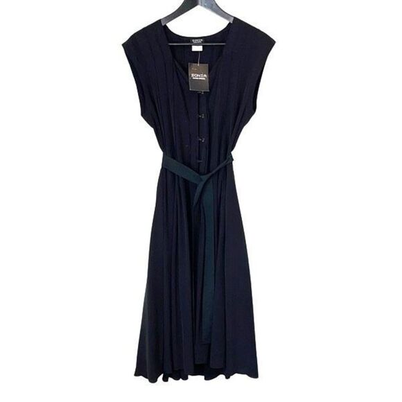 Sonia Rykiel Womens Cap Sleeve Pleated Belted Fit & Flare Dress Black Sz 40 NWT - Picture 1 of 10